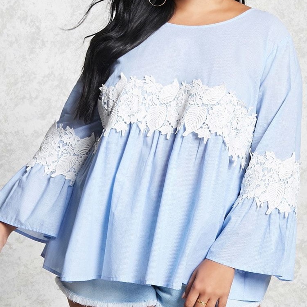 Forever 21 Blue and White Lace detailed Bell Sleeve Top/ Shirt
